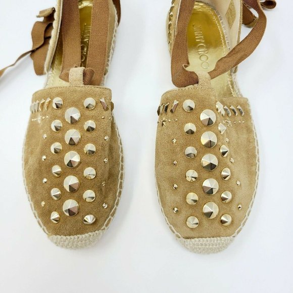 Jimmy Choo Brown Suede Gold Studded Lace Up Flats Espadrille - Picture 6 of 9
